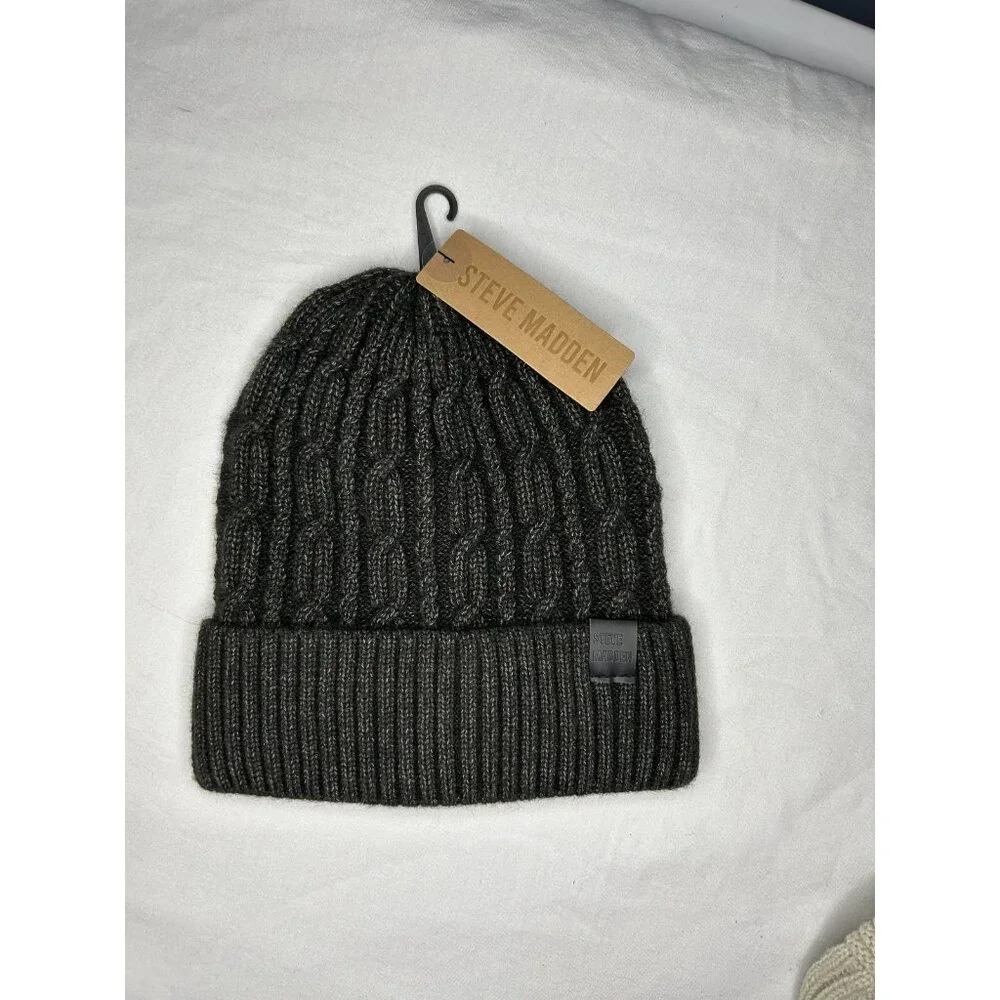 Steve Madden Hat Beanie Cuffed Cable Knit Ribbed OS Heather Black Winter Outdoor